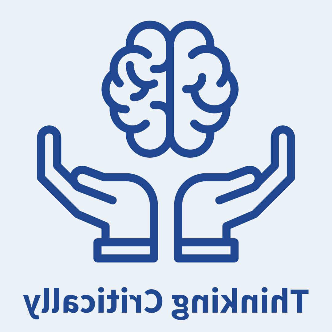 think critically in text with an icon of hands holding a brain